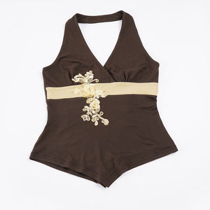 Top Halter Marrón para Mujer con Bordado Floral Dorado, Cintura en Contraste, Camisola sin Espalda, Chaleco Sexy para Fiesta 2026 - Product Image 6
