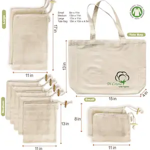 Custom Organic Reusable Drawstring Pouch Grocery Shopping Net Produce Cotton Mesh Tote Bags For Fruits And Vegetables