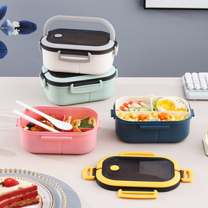 Portable Compartmentalized <b>Lunch</b> <b>Box</b> With Handle <b>Microwave</b> Safe For Office Students Large Capacity Rectangle Solid Color - Product Image 4