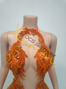 MF ชุดเดรสงานวันเกิดประดับพลอยเทียมสีส้มแบบคล้องคอแฮนด์เมดชุดเดรสปาร์ตี้คลับสุดเซ็กซี่สำหรับผู้หญิง - Product Image 3