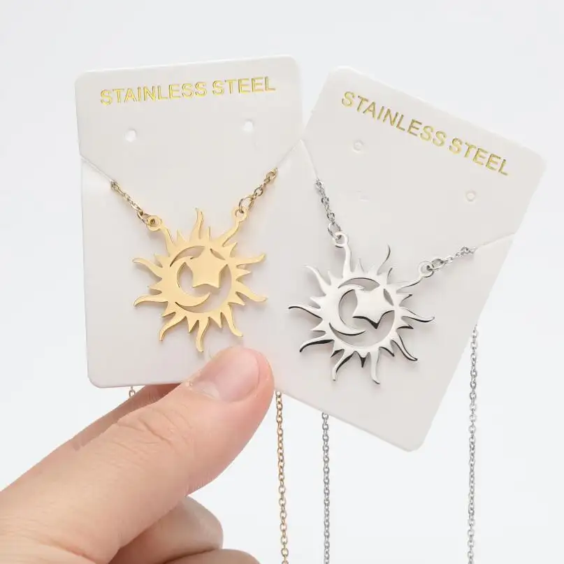 Stainless Steel Face Sweater Chain Retro Shining Sun Moon Star Pendant Necklace