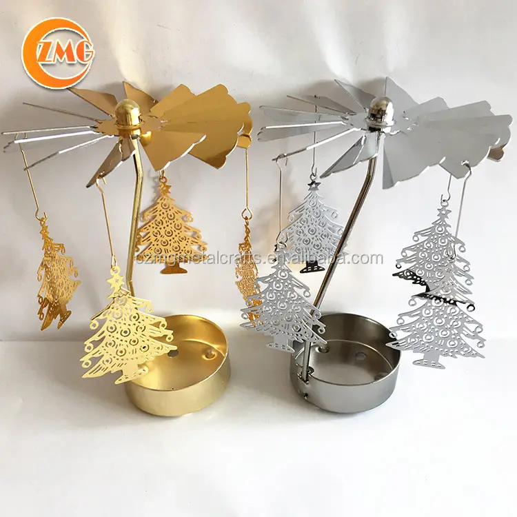 Hot Koop Vakantie Geschenken/Decoraties Fancy Rotary/Spinning Goud/Zilver Metalen Kerstboom Kaarshouder