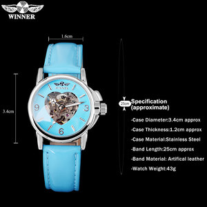 Marca WINNER, relojes de pulsera mecánicos de corazón de esqueleto informales para mujer, pantalla analógica, cinturón de cuero azul cielo, estilo de negocios - Product Image 4