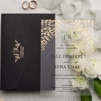 Invitation de mariage turque de luxe en acrylique givré noir mat avec dorure à chaud, monogramme JR, enveloppe, motif feuille de vigne, impression personnalisée