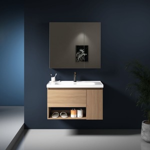 <b>White</b> Ceramic Integrated Basin Vanity Natural Wood Modern Minimalist Bathroom Cabinet - Product Image 2