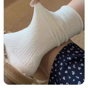Women Mid-Calf Socks Cream Breathable Jacquard Knit Slouch Style Summer Wear - Product Image 2