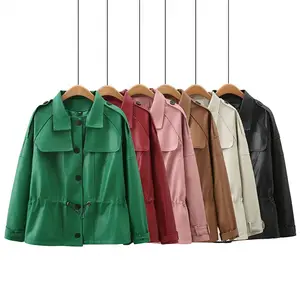 Casaco de couro de manga comprida plus size, casaco casual de outono inverno para mulheres, casaco de couro falso PU personalizado