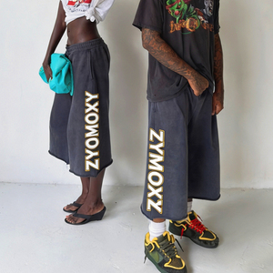 Custom Reflective Screen Print French Terry Wide Leg <b>3</b>/<b>4</b> <b>Shorts</b> Cutoff Streetwear Knee Length <b>3</b>/<b>4</b> Sweatpants Baggy <b>Shorts</b> Unisex - Product Image 4
