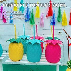L124 Factory Direct 600ml Disposable Pineapple Shape Plastic Tumbler <b>Mug</b> with Straw for Presents - Product Image 2