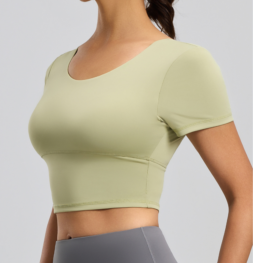 Women's Back-Enhancing Yoga Top Short-Sleeved Tight-Fitting Slimming Athletic Shirt Built-in Pads Barely-There Feel Quick Dry