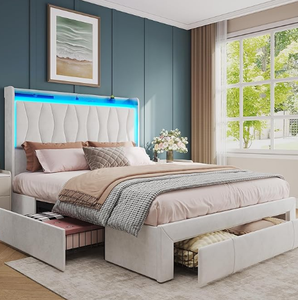 Cadre de <span class=keywords><strong>lit</strong></span> moderne Queen Size Lumière LED 3 tiroirs Plate-forme de rangement en <span class=keywords><strong>lin</strong></span> rembourré Station de charge Tête de <span class=keywords><strong>lit</strong></span> haute à oreilles Non - Product Image 1