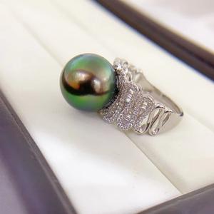 Bague en argent S925 avec perle ronde de 13-12 mm, forte luminosité, vert paon, boîte cadeau artisanale en or K, vente en gros du fabricant - Product Image 2