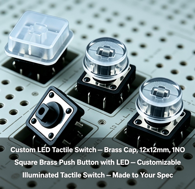 Custom LED Tactile Push Button Switch Brass Cap 12x12mm 1NO Square White Transparent