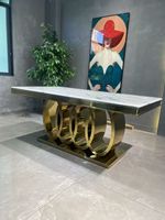 Meubles de salle à manger en acier inoxydable de design italien haut de gamme pour la vente en gros, table dorée avec plateau en marbre