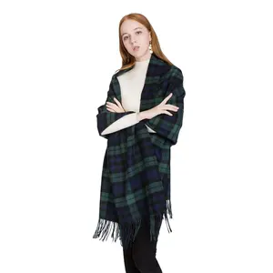 Wholesale high quality 100% pure wool Scarf Green Plaid Winter Warm Wool Scarf Thicken Warm cape Shawl for women