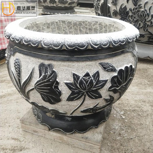 Pot de fleurs sculpté en pierre Jiahua, ornement de jardin traditionnel d'extérieur, bassin d'eau durable - Product Image 3