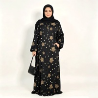 Abaya con Mangas Abullonadas y Estampado de Puntos, Motivo Floral Dorado, Ropa Modesta Musulmana Islámica, Largo hasta el Suelo, Cobertura Completa