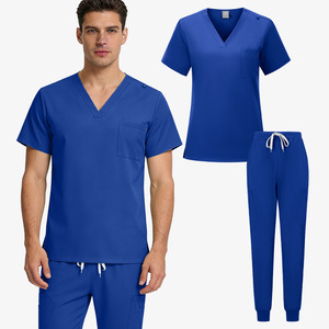 HZMNOI Women <b>Scrub</b> Set <b>Blue</b> V-Neck Top And Pants Moisture Wicking Split Uniform For Medical Nursing Workwear - Product Image 1