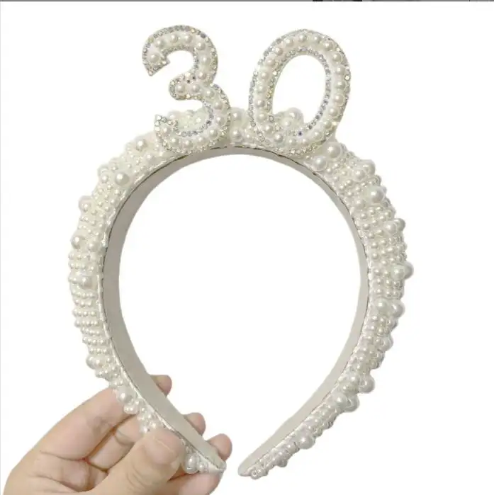 30th Birthday Gifts Headband for Women Birthday Party Supplies Pearl Headpiece Birthday Tiara for Women Girls