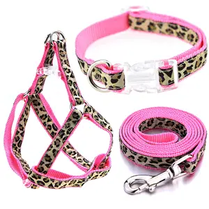 High quality adjustable dog leash and harness set custom Leopard Design no pull pet collar easy walk pet service dog harness