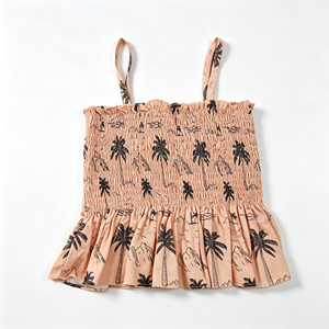Set Estivo Boho per Bambini con Stampa <span class=keywords><strong>Palma</strong></span> e Tropicale, Top Smock in Cotone e Lino con Spalline Sottili e Peplum + Pantaloncini, Colore Beige Neutro - Product Image 4