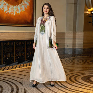 Paillettes brodées lin <span class=keywords><strong>Maxi</strong></span> robe de soirée pour les femmes turquie col en V à manches longues Jalabiya musulman islamique ethnique Abaya Eid AB053 - Product Image 3