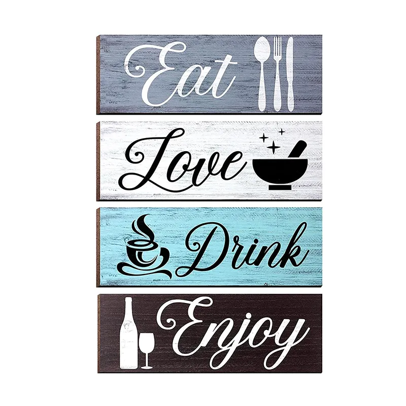 Kitchen Restaurant Wall Decor 4pcs Vintage Rustic Wood Signs With Hanging Holes