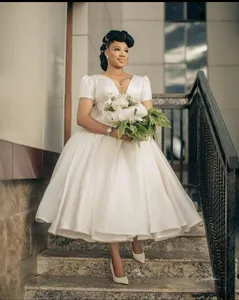 2024 V Neck Short Sleeves Bridal Gown Sheath Tea Length Vestidos De Novia Reception Robe Wedding Dress MW486