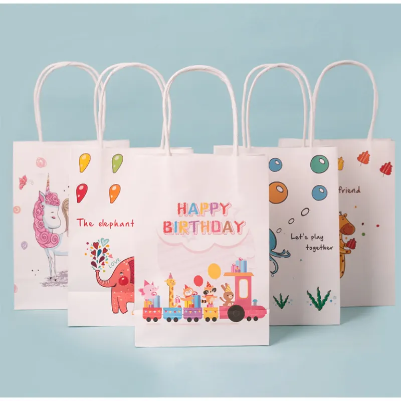 Su misura personalizzati sac en papier bolsas paunicorn disegno di compleanno divertente favore di partito riciclato kraft sacchetto di carta regalo per i bambini del bambino