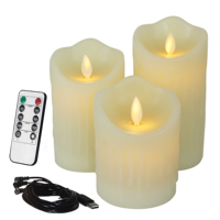Velas sin llama con batería recargable, pilares de cera de goteo de marfil, vela de Pilar parpadeante LED con Control remoto, Juego de 3