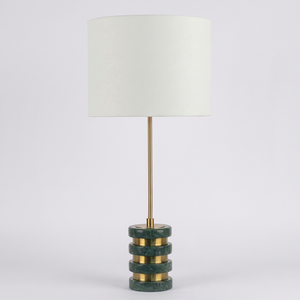 Lámpara de Mesa Moderna de Alabastro, Decoración de Hotel de Lujo, Base de Discos de Piedra Apilados, Separadores de Latón, Pantalla de Tela, Lámpara de Mesa LED Diski Mediana - Product Image 2
