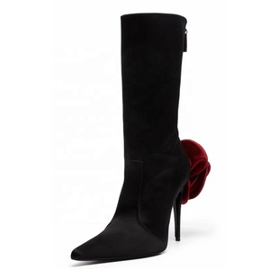 Bottines en daim à fleurs 3D pour femmes, coupe large, mi-mollet, bout pointu, talon haut, bottes courtes, chaussures à talon aiguille, grande taille 46 - Product Image 3