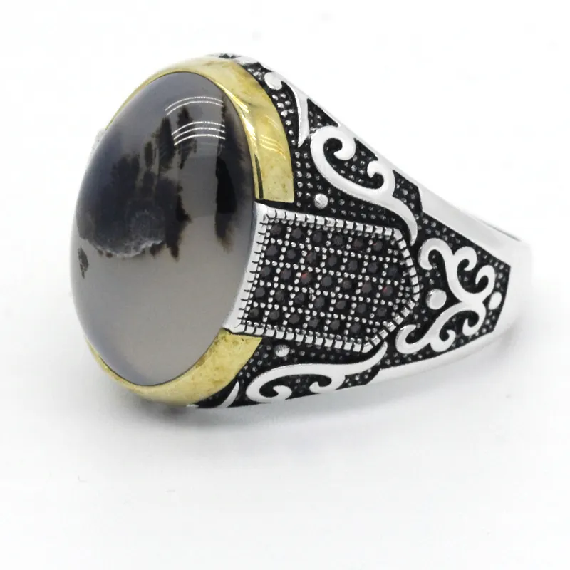 Turkish S925 Sterling Silver Ring with Onyx Stone Jewelry Arabic Ring for Men Wedding Engagement Fashion Jewelry