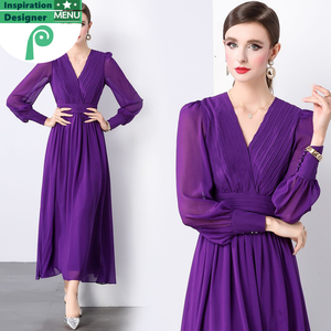 Robe longue élégante pour femme, prête à être expédiée, jupe plissée violette tendance, manches longues, col en V, pour les soirées. - Product Image 2