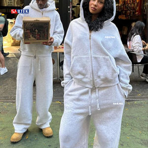 All'<span class=keywords><strong>ingrosso</strong></span> <span class=keywords><strong>abbigliamento</strong></span> da <span class=keywords><strong>donna</strong></span> elegante 2025 con logo personalizzato tuta in pile a due pezzi a gamba larga pantaloni della tuta e Set con cappuccio con Zip - Product Image 3