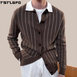 Cardigan en tricot rayé coupé-cousu pour homme, bleu marine et blanc, col contrastant, boutonné, style streetwear, pulls pour hommes, vente en gros pour fabricants - Product Image 2