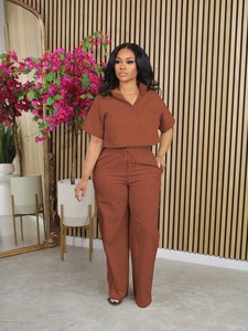 Ensemble de robes pour femmes le plus vendu - Chemise à manches courtes et <span class=keywords><strong>pantalon</strong></span> décontracté deux pièces pour le bureau/le sport 100% <span class=keywords><strong>lin</strong></span> à jambes larges et taille haute - Product Image 4