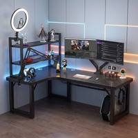 Bureau de jeu en L stable à hauteur réglable avec étagère intégrée à 3 niveaux, table d'angle pour PC, idéal pour le bureau à domicile
