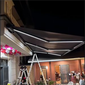 Auvent <span class=keywords><strong>de</strong></span> toit rétractable motorisé avec cadre en aluminium et voile en polyester imperméable, montage mural, bras pliable, rangement - Product Image 6