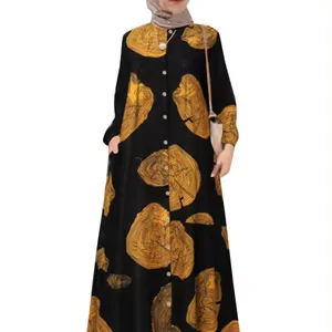 New Cotton Printed Long Shirt Muslim Oversized Women loose Casual Retro Long Sleeved Dresses