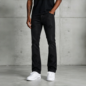 Stylish High Waist Slim Fit Black <b>Flare</b> Denim Pants for Men Classic Diamond Embroidery Stretchy Bootcut <b>Jeans</b> Daily Casual - Product Image 1