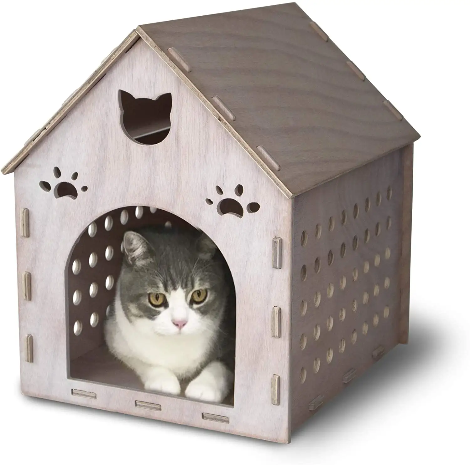 บ้านไม้แมว,ที่พักพิงแมวไม้อัดประกอบเต็มบ้านสำหรับแมวกระต่ายและสุนัขขนาดเล็ก