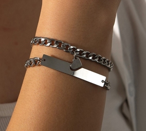 Ensemble de bracelets en acier inoxydable à la mode pour femmes et hommes, cœur creux pour couple, chaîne couleur argent, bijoux, cadeau pour la Saint-Valentin - Product Image 2