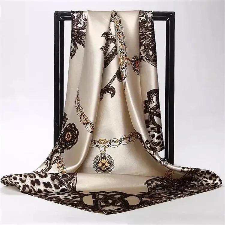 Leopard chain Printed Silk Satin Scarf Women Luxury Brand Design Square Shawl Malaysia Head Hijab