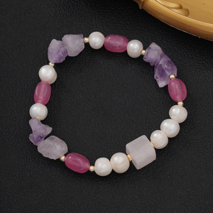 Pulsera de Perlas Naturales de Agua Dulce Únicas para Mujer, Chapada <span class=keywords><strong>en</strong></span> Oro de 18K, con Cuentas de Amatista Cruda, <span class=keywords><strong>Calcedonia</strong></span> Rosa y Cuarzo Rosa - Product Image 6
