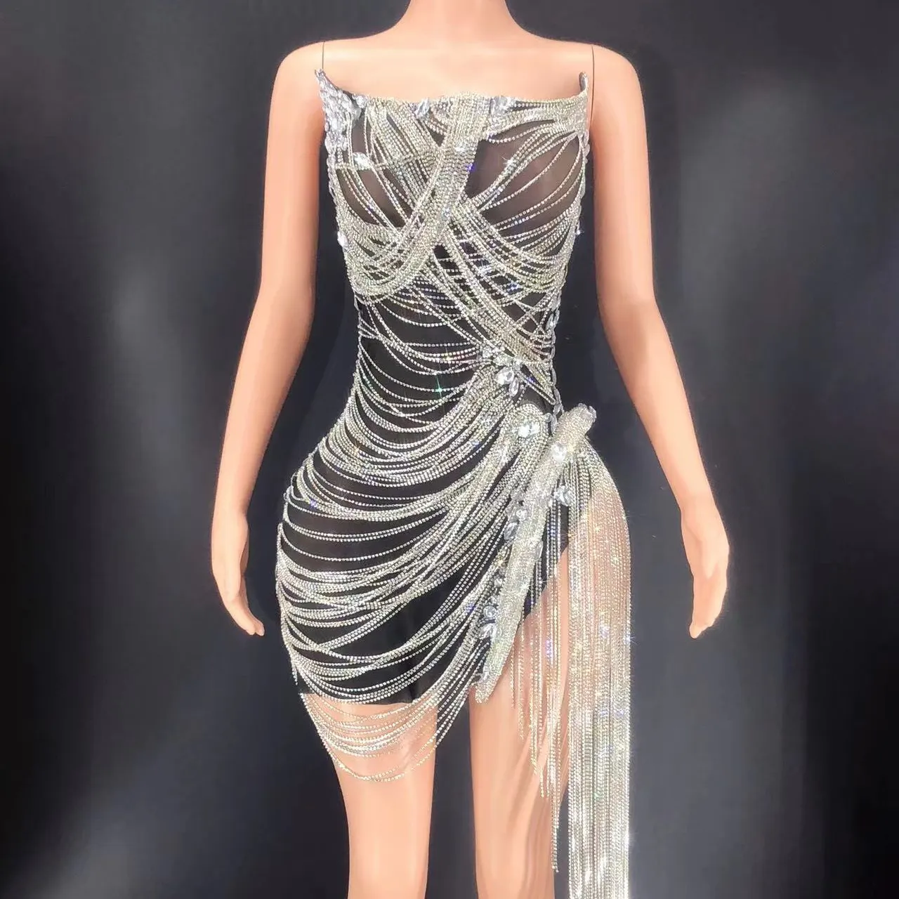 Pearl dress Mini Sleeveless Luxury dress Beading Bodysuit Jazz Dance Outfit Evening Stage Show wear Pearl Material Dress