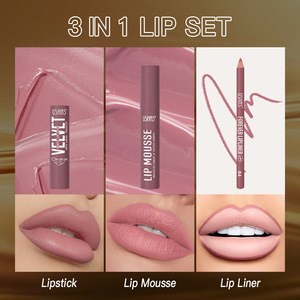 Kits à lèvres personnalisés 3 en 1 OEM avec crayon à lèvres, rouge à lèvres et gloss, crayon à lèvres crémeux vegan anti-transfert - Product Image 2