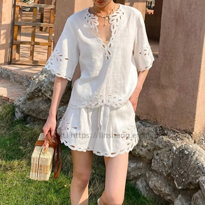 New White Cotton <b>Linen</b> Short Sleeve V-Neck Top Shorts Women's Vacation Style Hollowed Out Ruffle 2 Piece <b>Set</b> Fashion - Product Image 1