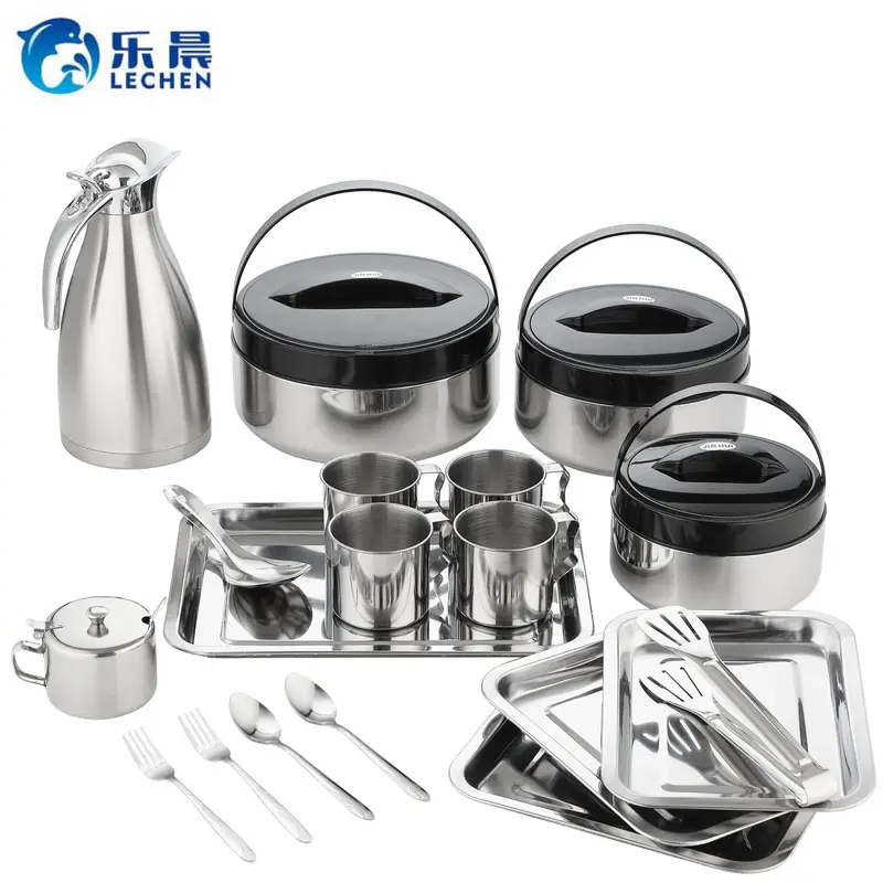 Stainless Steel casserole Lunch Box Container with serving Tray Cups spoons and coffee pot Food Warmer SET 19 pcs family set