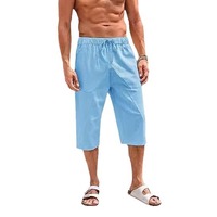 Pantalones cortos Capri de algodón para hombre de verano, pantalones casuales de algodón de lino, pantalones cortos para hombre, ajuste holgado con bolsillo